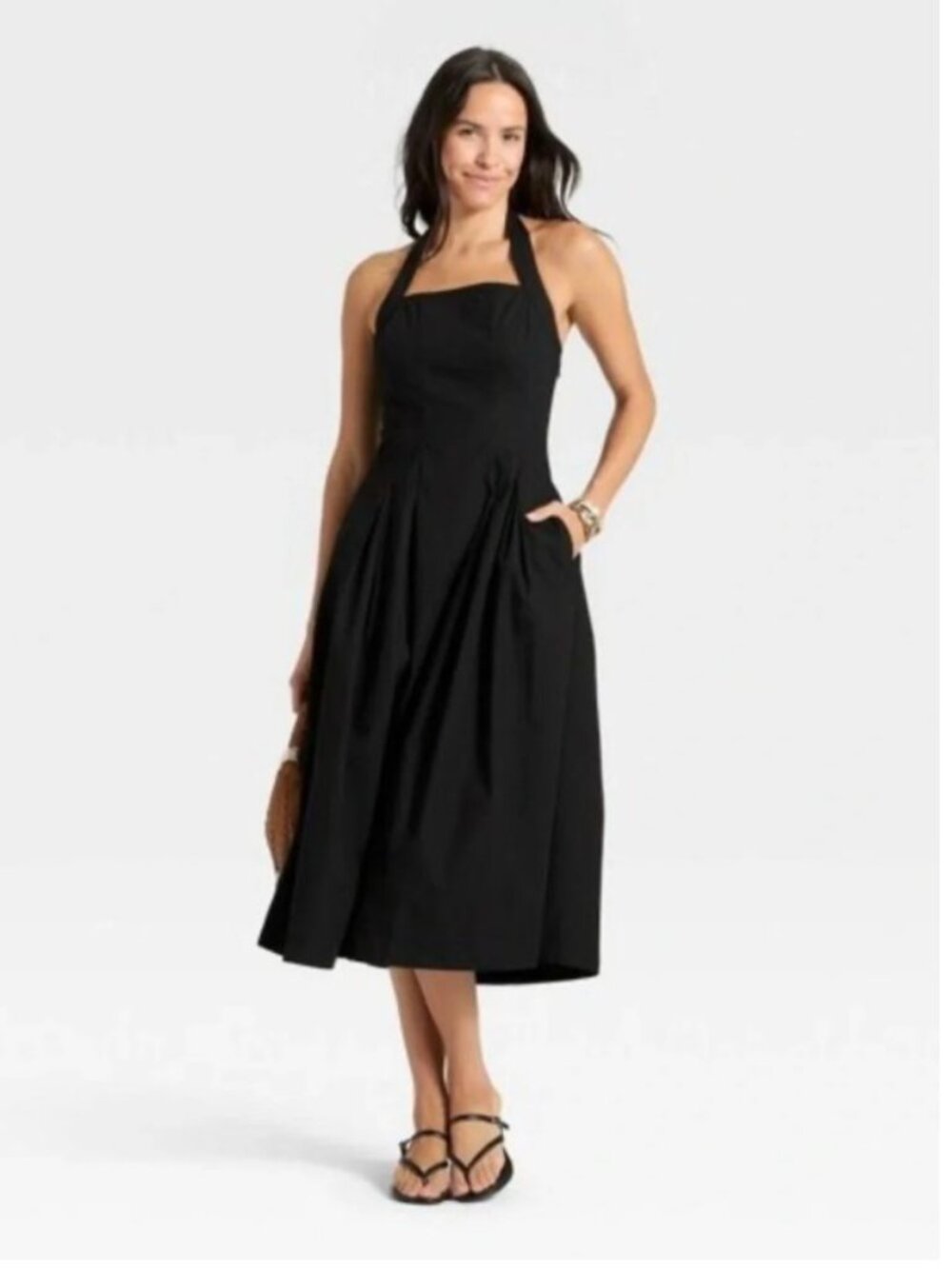A New Day Black Halter Dress Smocked Back Side Zip Pockets Unlined Midi NWT M